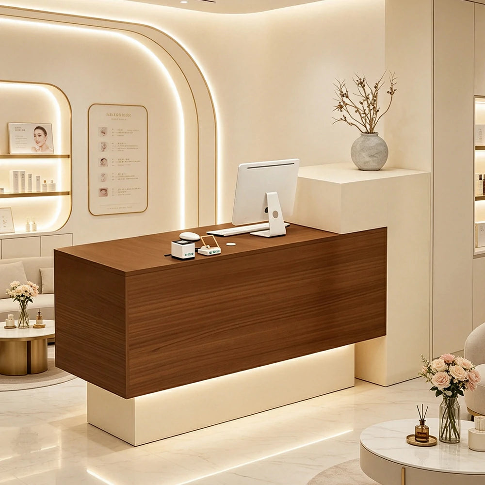 LIVARA Modern Two-Level Reception Counter with Raised Side Cabinet for Retail Store - Almond Cream & Walnut, High Cabinet Left