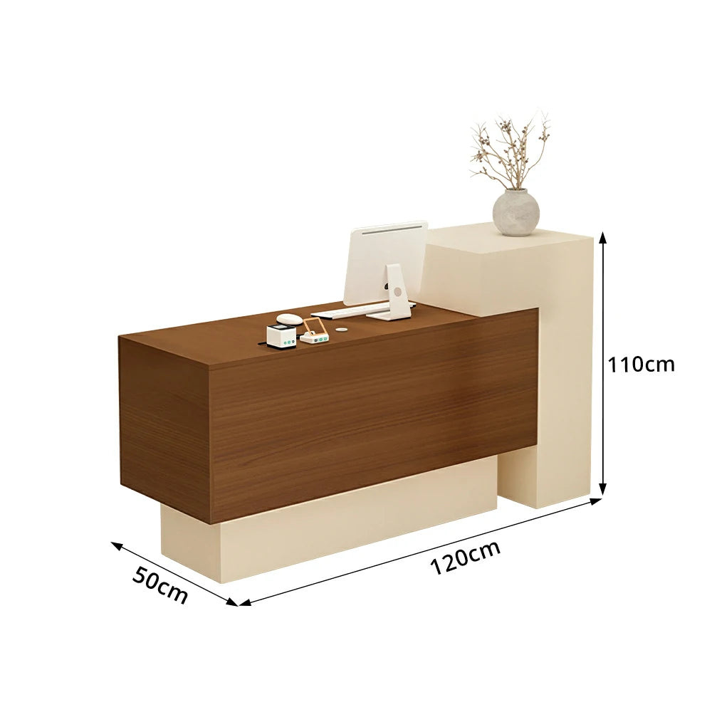LIVARA Modern Two-Level Reception Counter with Raised Side Cabinet for Retail Store - Almond Cream & Walnut, High Cabinet Left