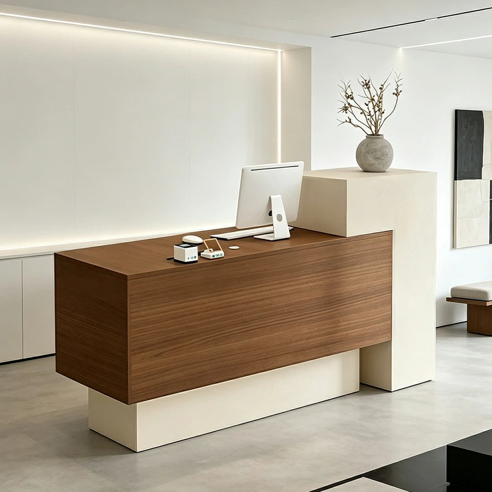 LIVARA Modern Two-Level Reception Counter with Raised Side Cabinet for Retail Store - Almond Cream & Walnut, High Cabinet Left