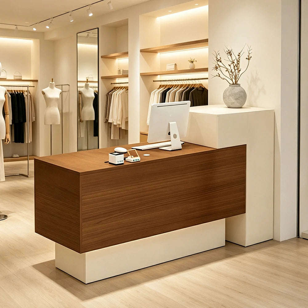 LIVARA Modern Two-Level Reception Counter with Raised Side Cabinet for Retail Store - Almond Cream & Walnut, High Cabinet Left