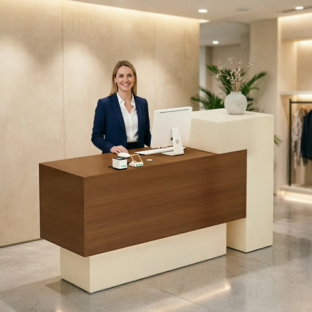 LIVARA Modern Two-Level Reception Counter with Raised Side Cabinet for Retail Store - Almond Cream & Walnut, High Cabinet Left