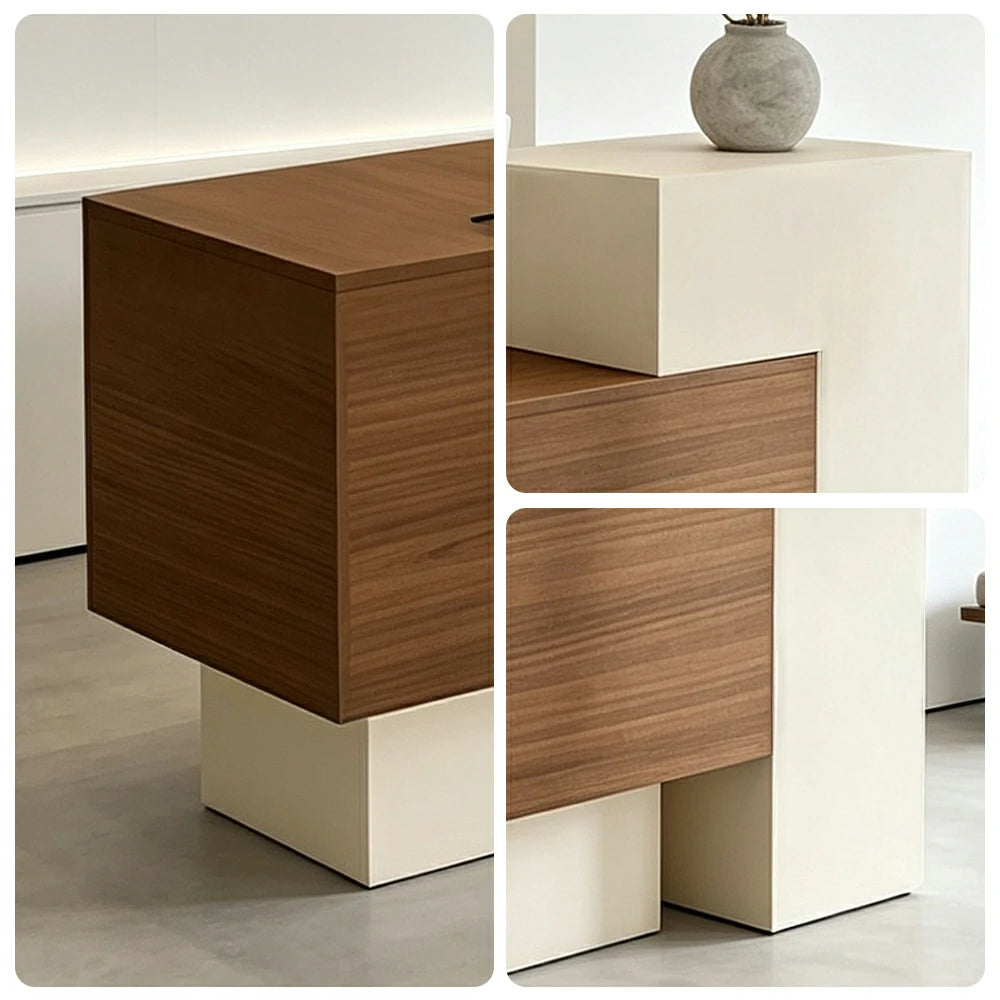 LIVARA Modern Two-Level Reception Counter with Raised Side Cabinet for Retail Store - Almond Cream & Walnut, High Cabinet Left