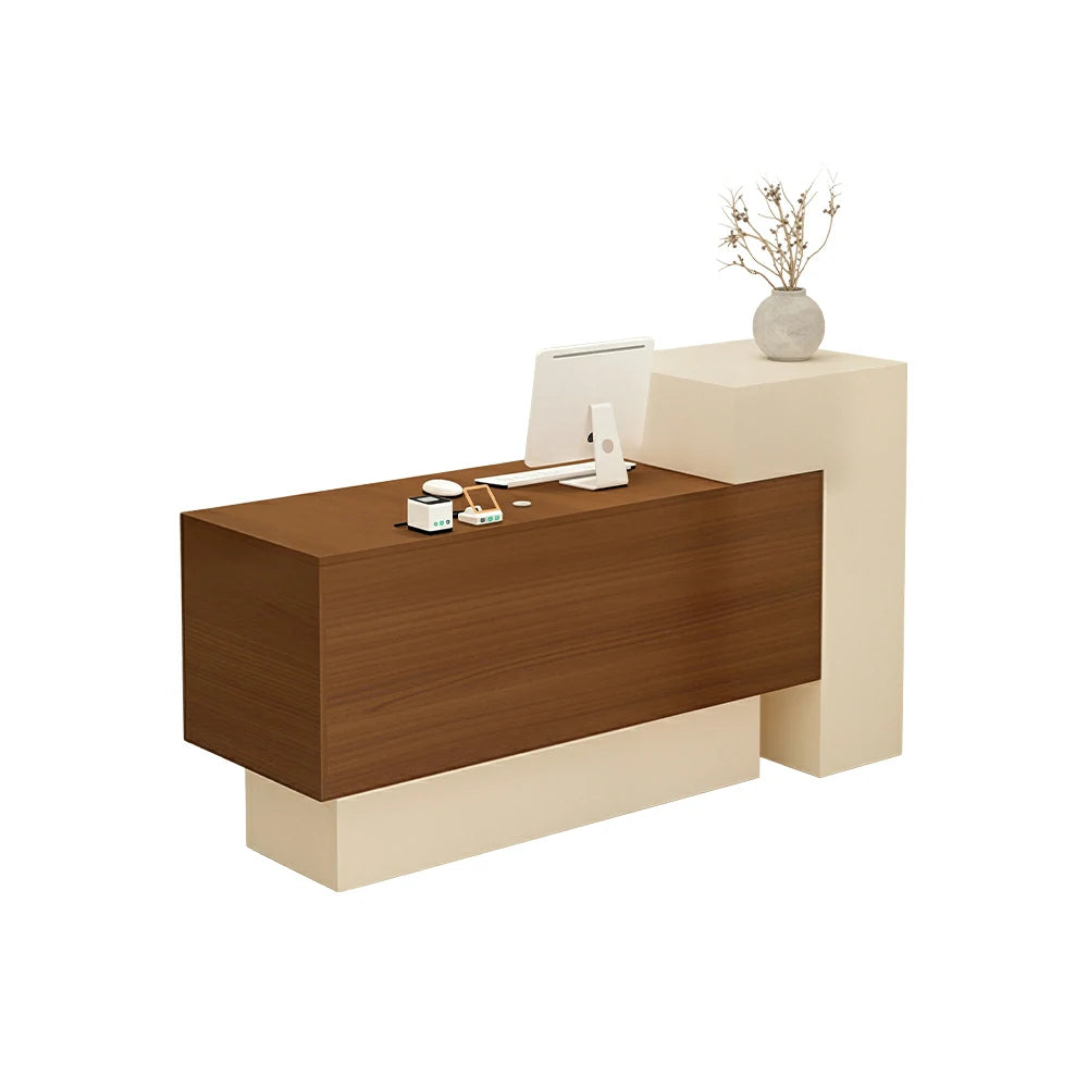 LIVARA Modern Two-Level Reception Counter with Raised Side Cabinet for Retail Store - Almond Cream & Walnut, High Cabinet Left