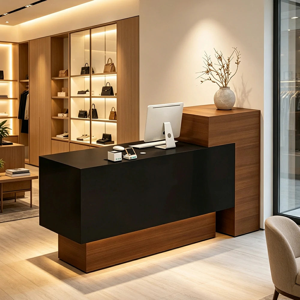 LIVARA Modern Two-Level Reception Counter with Raised Side Cabinet for Retail Store - Walnut & Black, High Cabinet Left