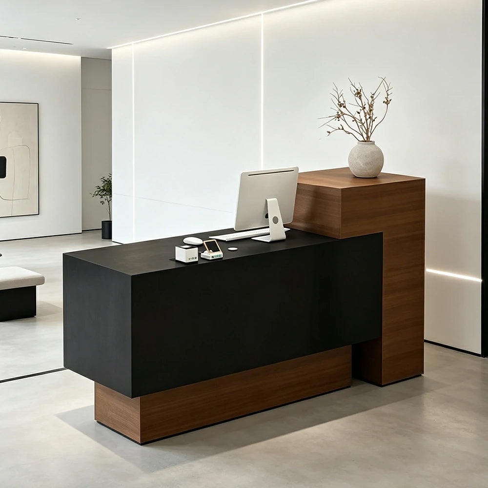 LIVARA Modern Two-Level Reception Counter with Raised Side Cabinet for Retail Store - Walnut & Black, High Cabinet Left