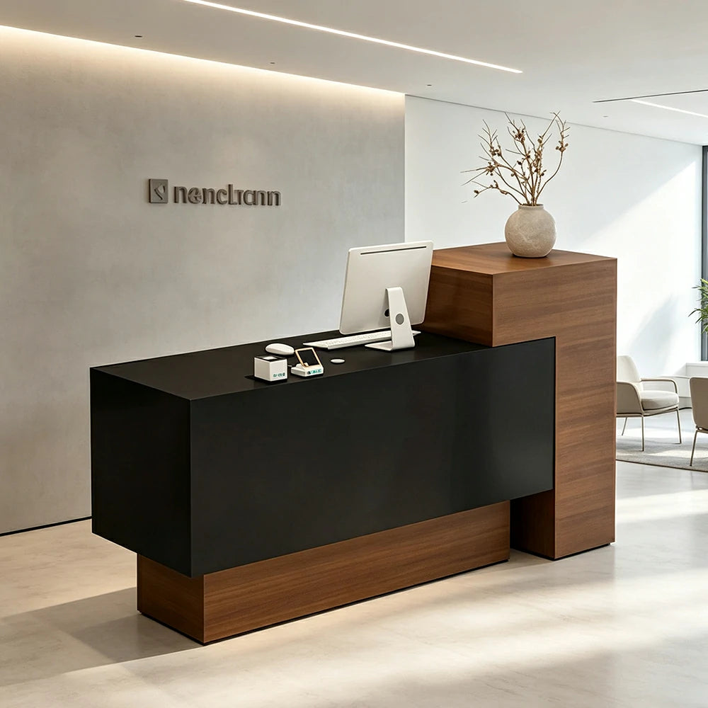 LIVARA Modern Two-Level Reception Counter with Raised Side Cabinet for Retail Store - Walnut & Black, High Cabinet Left