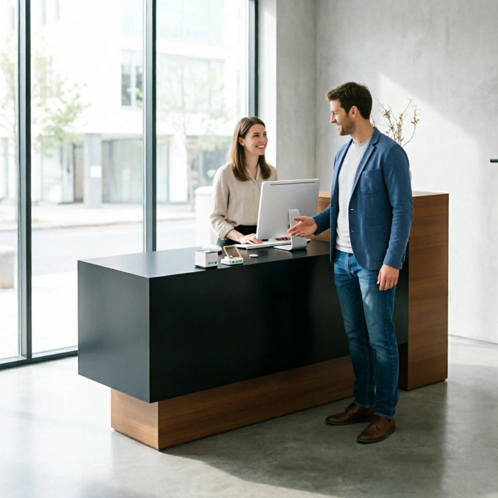 LIVARA Modern Two-Level Reception Counter with Raised Side Cabinet for Retail Store - Walnut & Black, High Cabinet Left