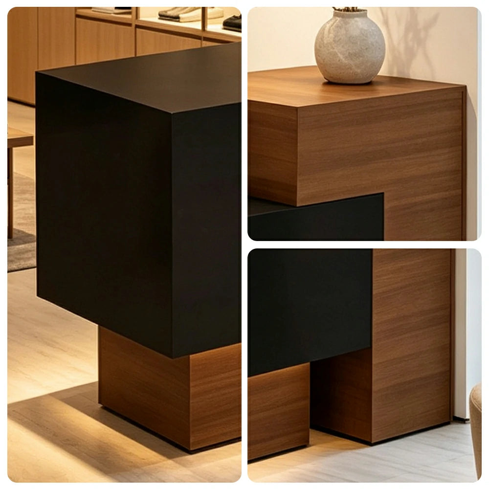LIVARA Modern Two-Level Reception Counter with Raised Side Cabinet for Retail Store - Walnut & Black, High Cabinet Left