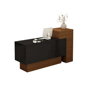 LIVARA Modern Two-Level Reception Counter with Raised Side Cabinet for Retail Store - Walnut & Black, High Cabinet Left