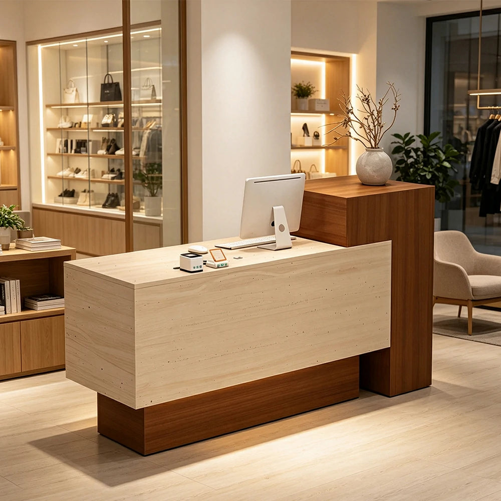 LIVARA Modern Two-Level Reception Counter with Raised Side Cabinet for Retail Store - Walnut & Faux Travertine, High Cabinet Left