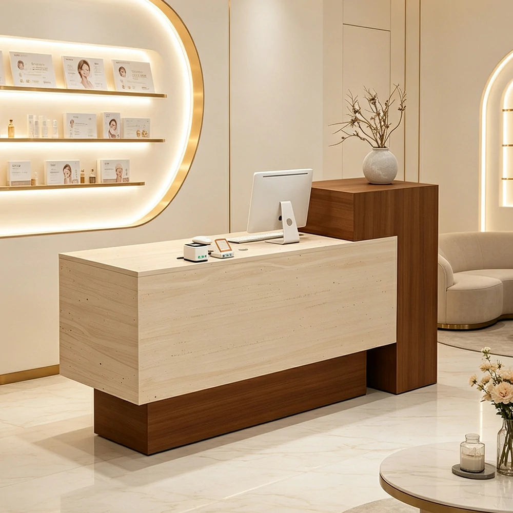 LIVARA Modern Two-Level Reception Counter with Raised Side Cabinet for Retail Store - Walnut & Faux Travertine, High Cabinet Left