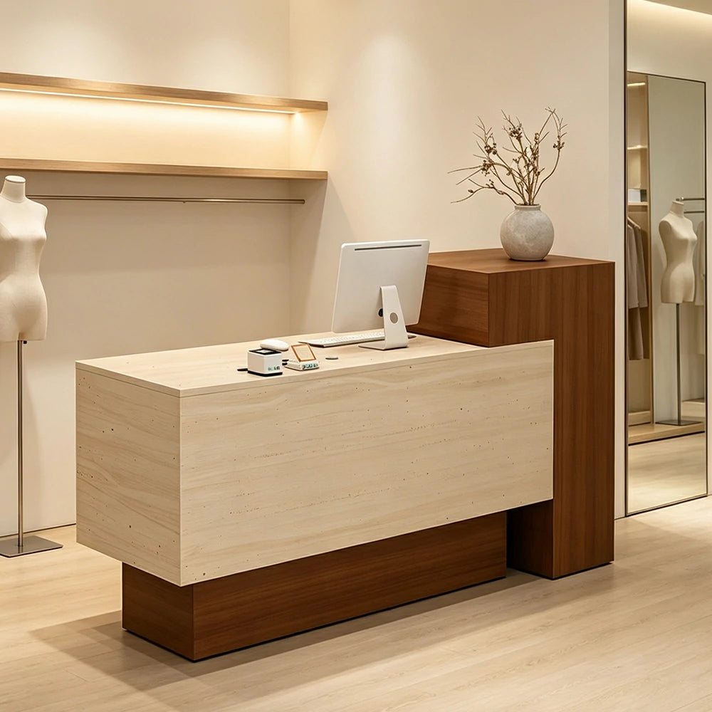 LIVARA Modern Two-Level Reception Counter with Raised Side Cabinet for Retail Store - Walnut & Faux Travertine, High Cabinet Left