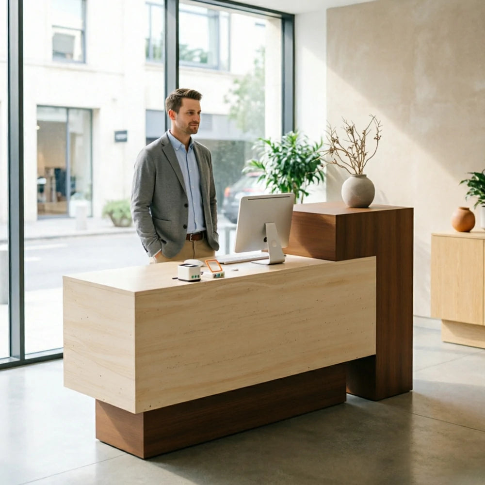 LIVARA Modern Two-Level Reception Counter with Raised Side Cabinet for Retail Store - Walnut & Faux Travertine, High Cabinet Left