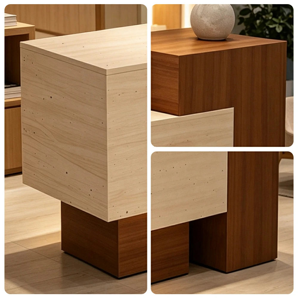 LIVARA Modern Two-Level Reception Counter with Raised Side Cabinet for Retail Store - Walnut & Faux Travertine, High Cabinet Left