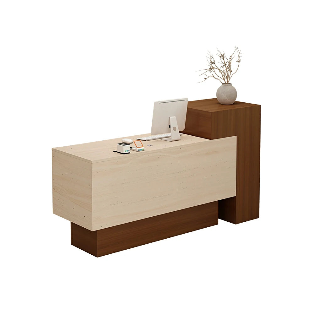 LIVARA Modern Two-Level Reception Counter with Raised Side Cabinet for Retail Store - Walnut & Faux Travertine, High Cabinet Left
