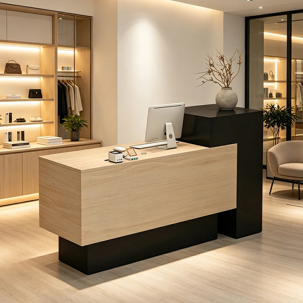 LIVARA Modern Two-Level Reception Counter with Raised Side Cabinet for Retail Store - Black & Faux Travertine, High Cabinet Left