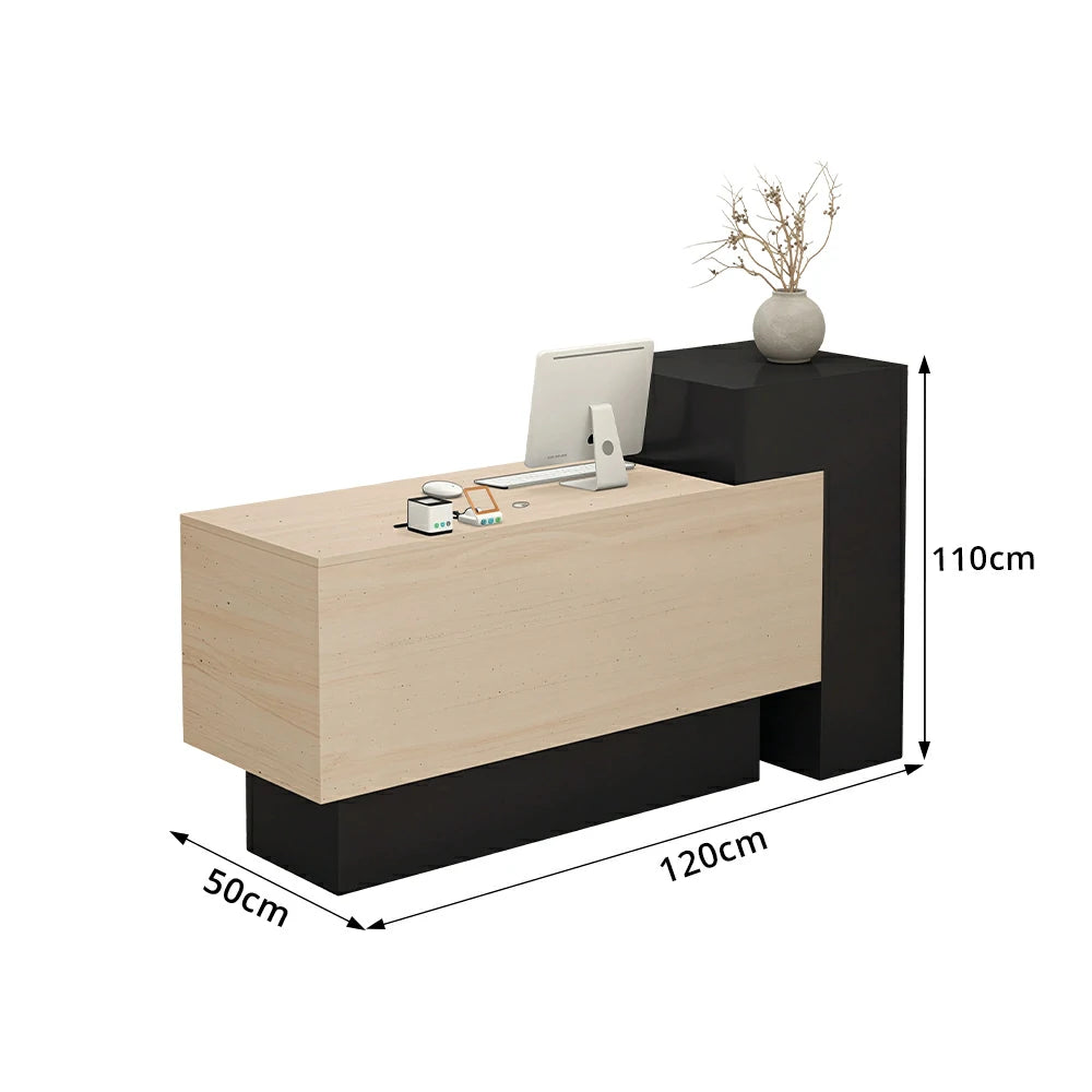 LIVARA Modern Two-Level Reception Counter with Raised Side Cabinet for Retail Store - Black & Faux Travertine, High Cabinet Left