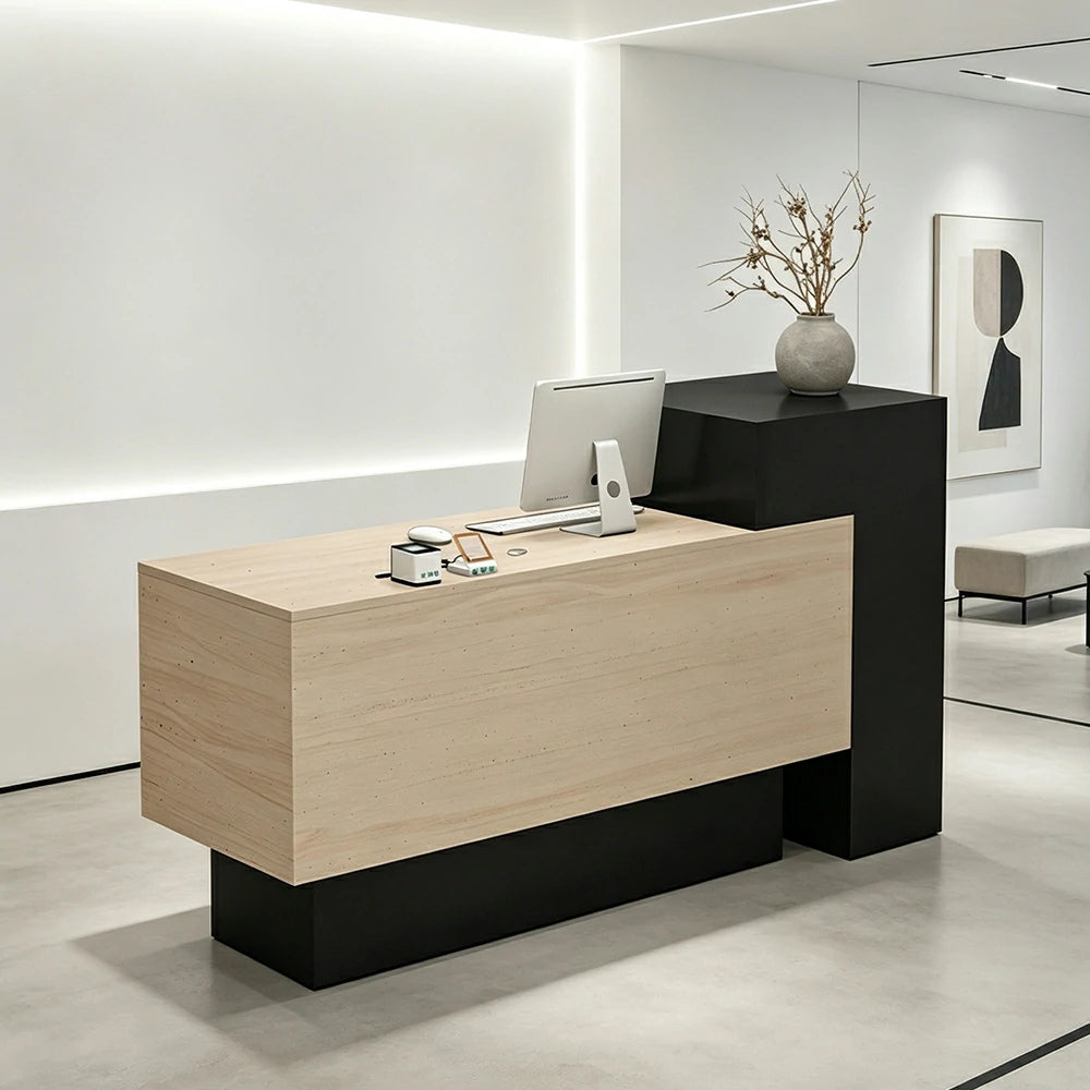 LIVARA Modern Two-Level Reception Counter with Raised Side Cabinet for Retail Store - Black & Faux Travertine, High Cabinet Left