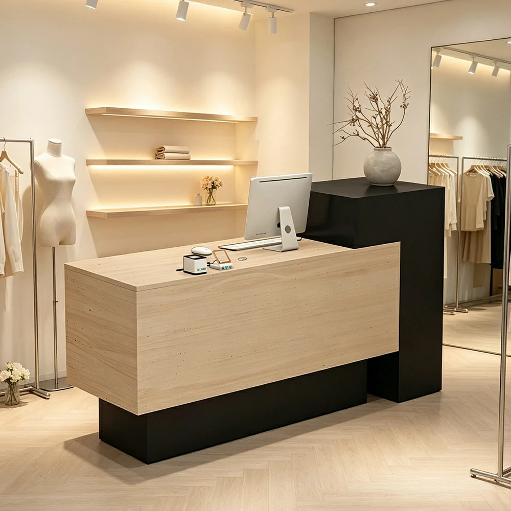 LIVARA Modern Two-Level Reception Counter with Raised Side Cabinet for Retail Store - Black & Faux Travertine, High Cabinet Left