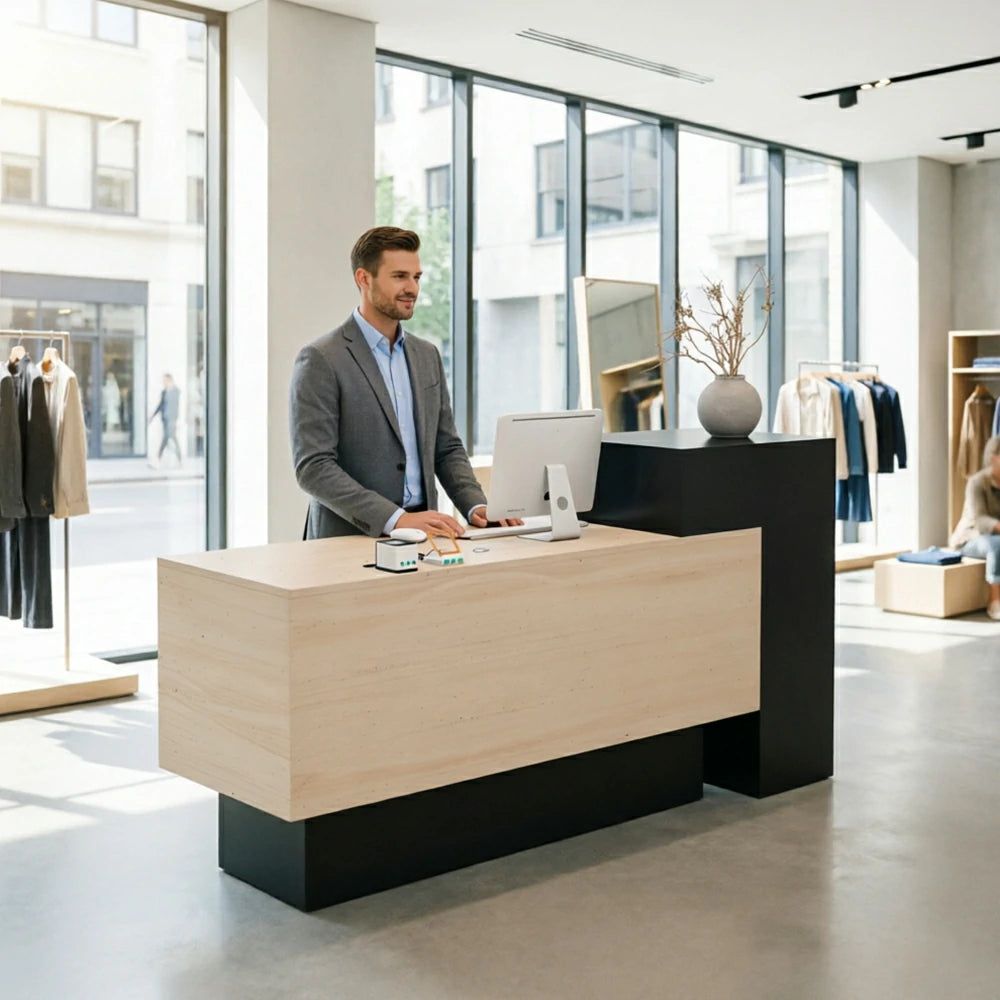 LIVARA Modern Two-Level Reception Counter with Raised Side Cabinet for Retail Store - Black & Faux Travertine, High Cabinet Left