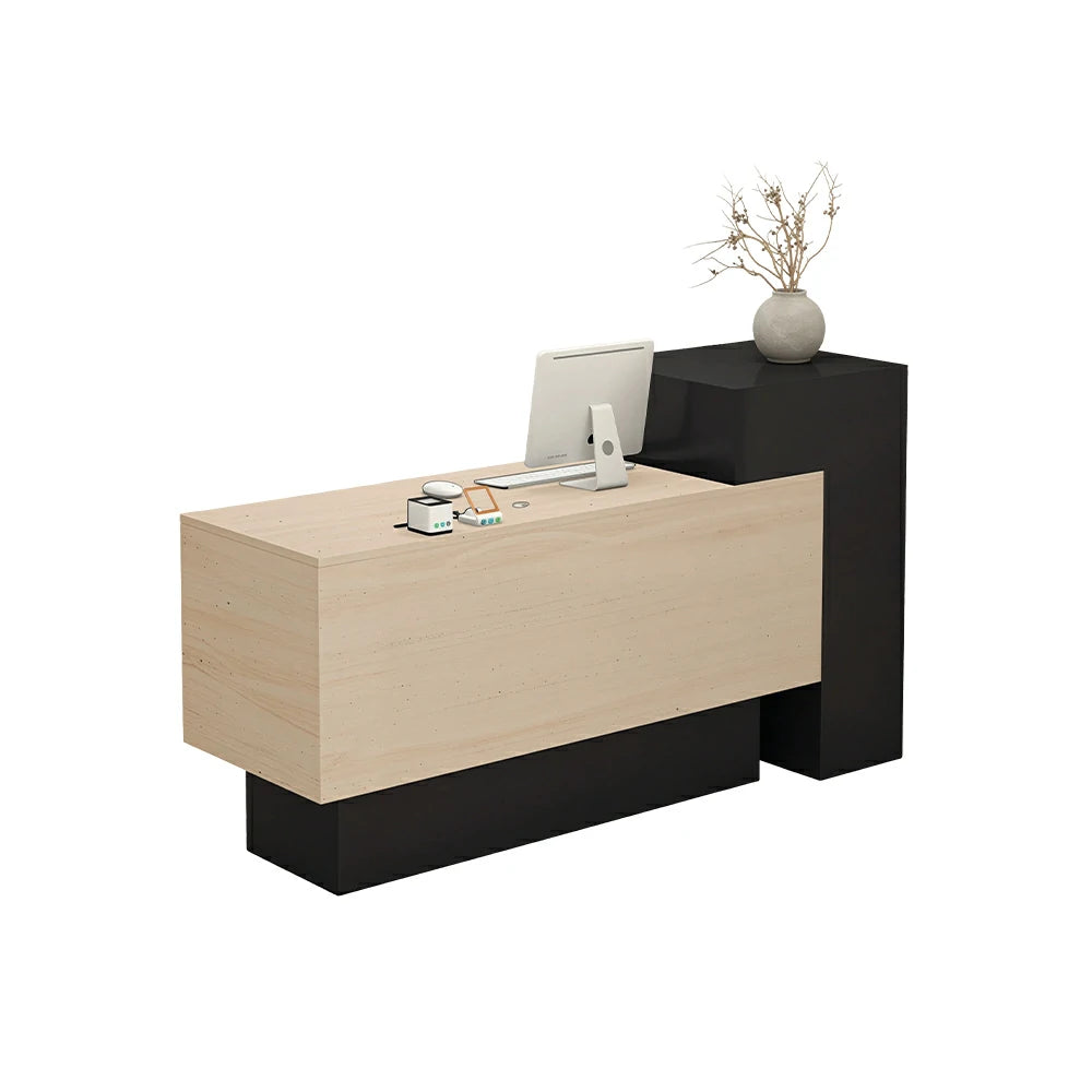 LIVARA Modern Two-Level Reception Counter with Raised Side Cabinet for Retail Store - Black & Faux Travertine, High Cabinet Left