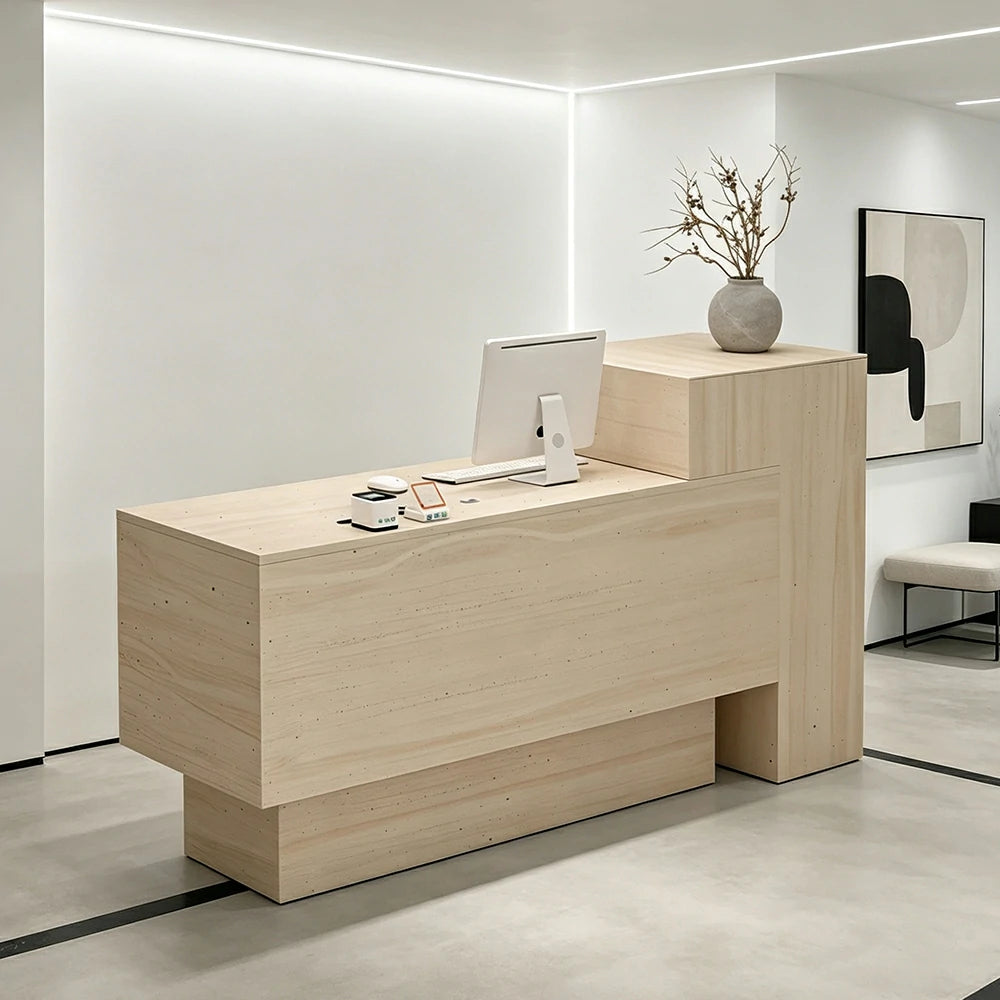LIVARA Modern Two-Level Reception Counter with Raised Side Cabinet for Retail Store - All Faux Travertine, High Cabinet Left