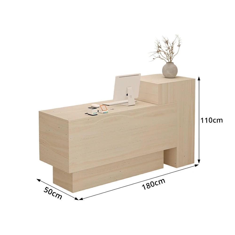 LIVARA Modern Two-Level Reception Counter with Raised Side Cabinet for Retail Store - All Faux Travertine, High Cabinet Left