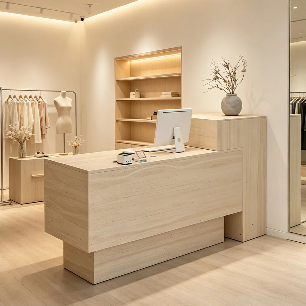 LIVARA Modern Two-Level Reception Counter with Raised Side Cabinet for Retail Store - All Faux Travertine, High Cabinet Left