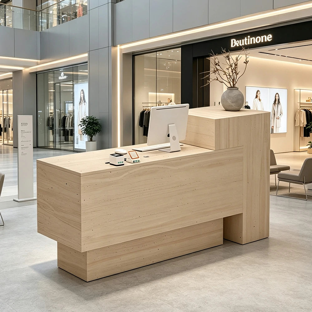 LIVARA Modern Two-Level Reception Counter with Raised Side Cabinet for Retail Store - All Faux Travertine, High Cabinet Left