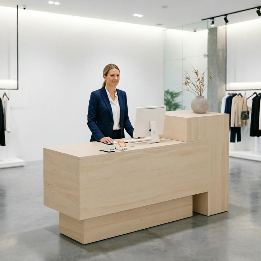 LIVARA Modern Two-Level Reception Counter with Raised Side Cabinet for Retail Store - All Faux Travertine, High Cabinet Left