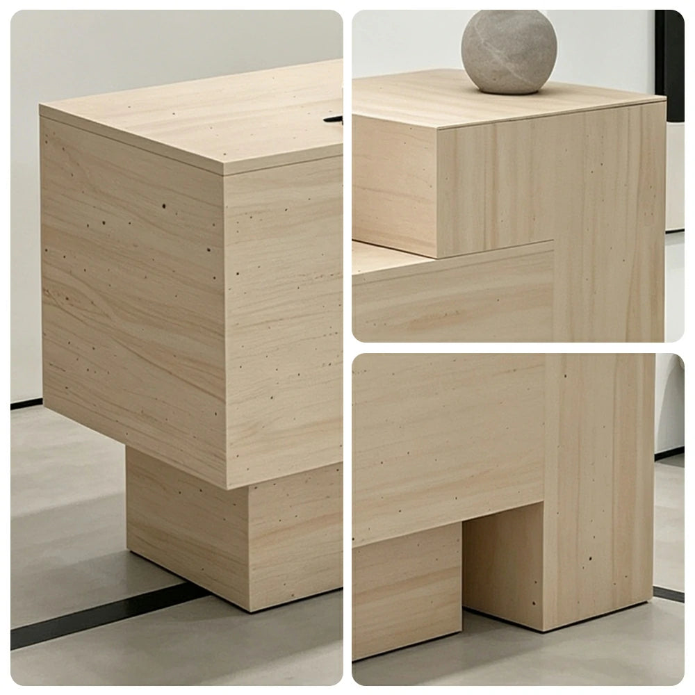 LIVARA Modern Two-Level Reception Counter with Raised Side Cabinet for Retail Store - All Faux Travertine, High Cabinet Left