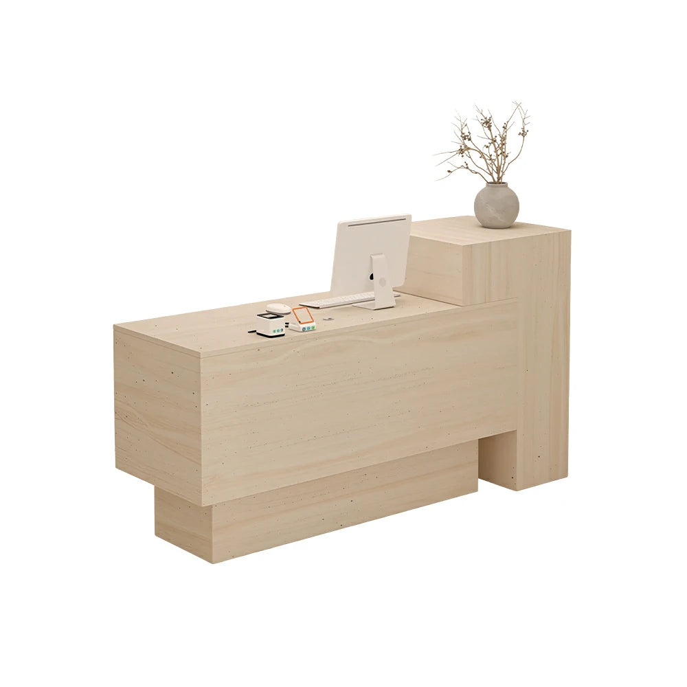 LIVARA Modern Two-Level Reception Counter with Raised Side Cabinet for Retail Store - All Faux Travertine, High Cabinet Left