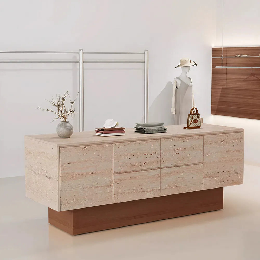 LIVARA 120/180cm Retail Island Display Cabinet with Multi-Drawer Storage for Clothing Store - Faux Travertine & Oak Base