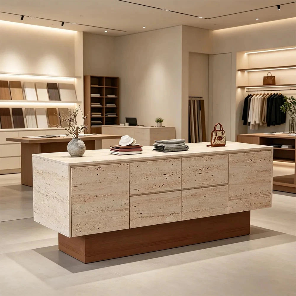 LIVARA 120/180cm Retail Island Display Cabinet with Multi-Drawer Storage for Clothing Store - Faux Travertine & Oak Base