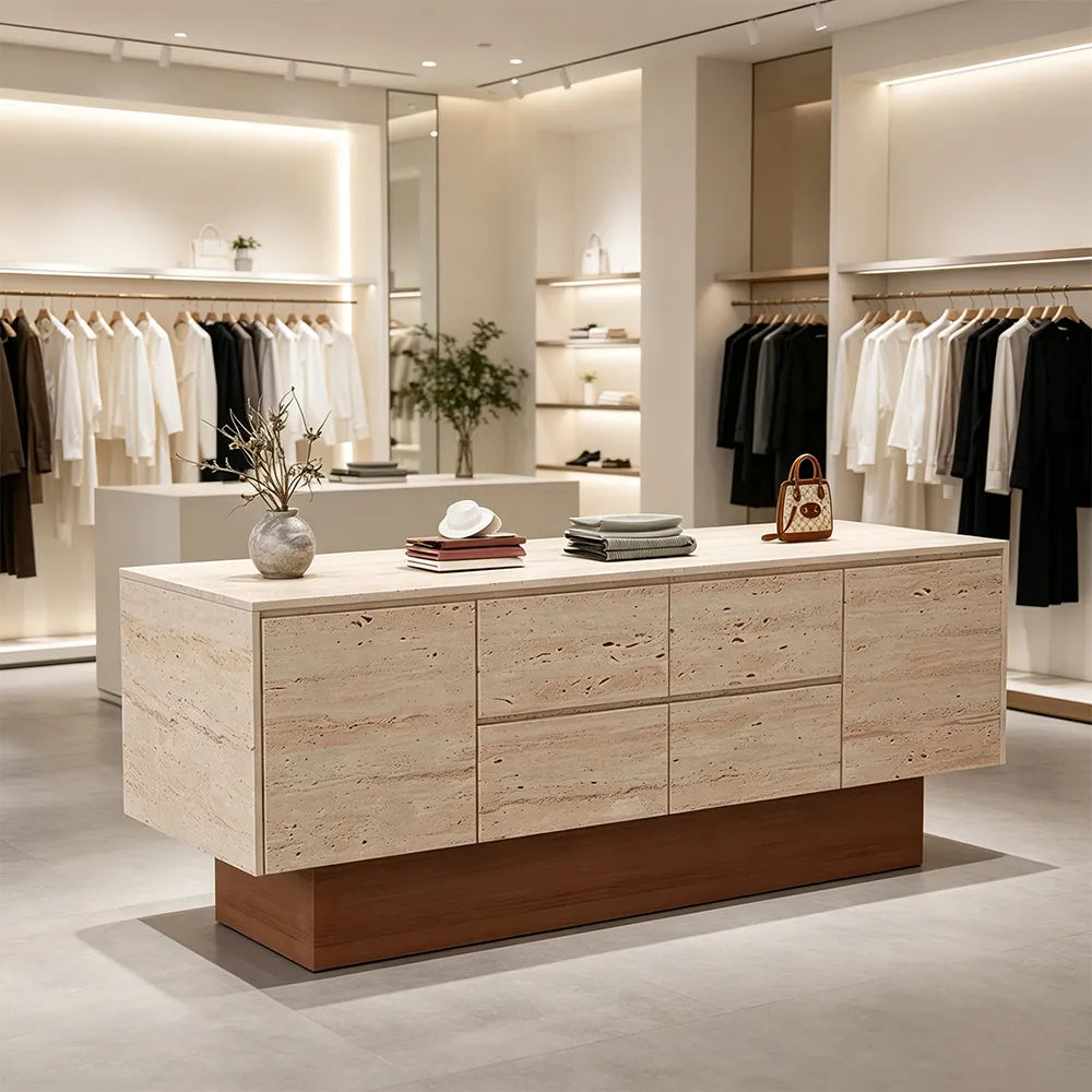 LIVARA 120/180cm Retail Island Display Cabinet with Multi-Drawer Storage for Clothing Store - Faux Travertine & Oak Base