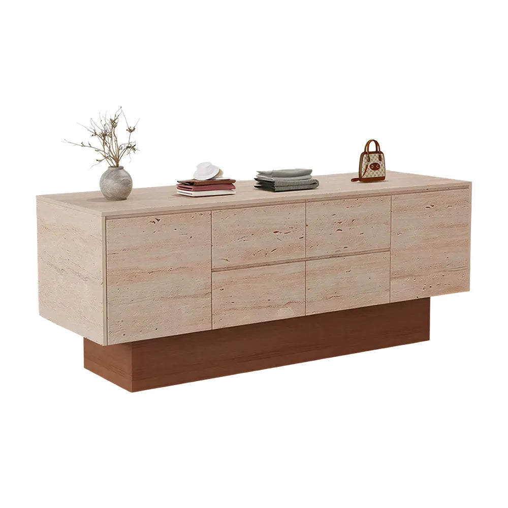 LIVARA 120/180cm Retail Island Display Cabinet with Multi-Drawer Storage for Clothing Store - Faux Travertine & Oak Base