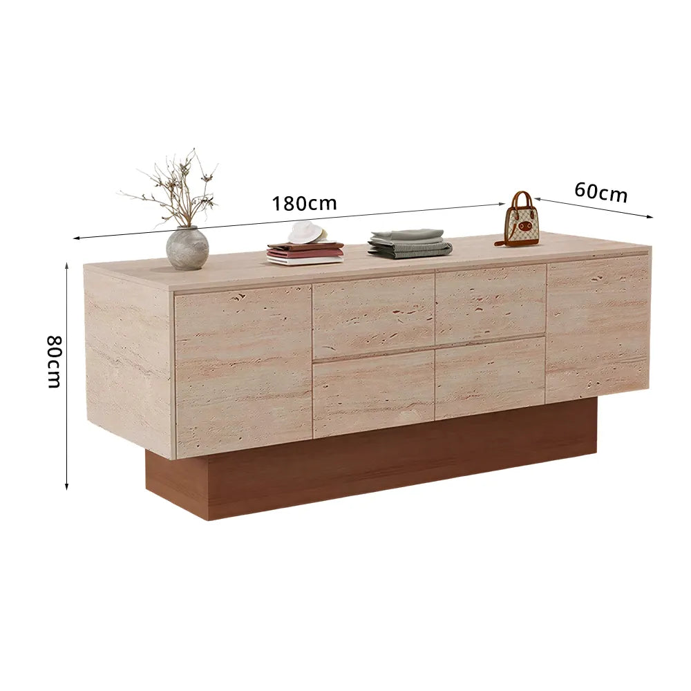 LIVARA 120/180cm Retail Island Display Cabinet with Multi-Drawer Storage for Clothing Store - Faux Travertine & Oak Base