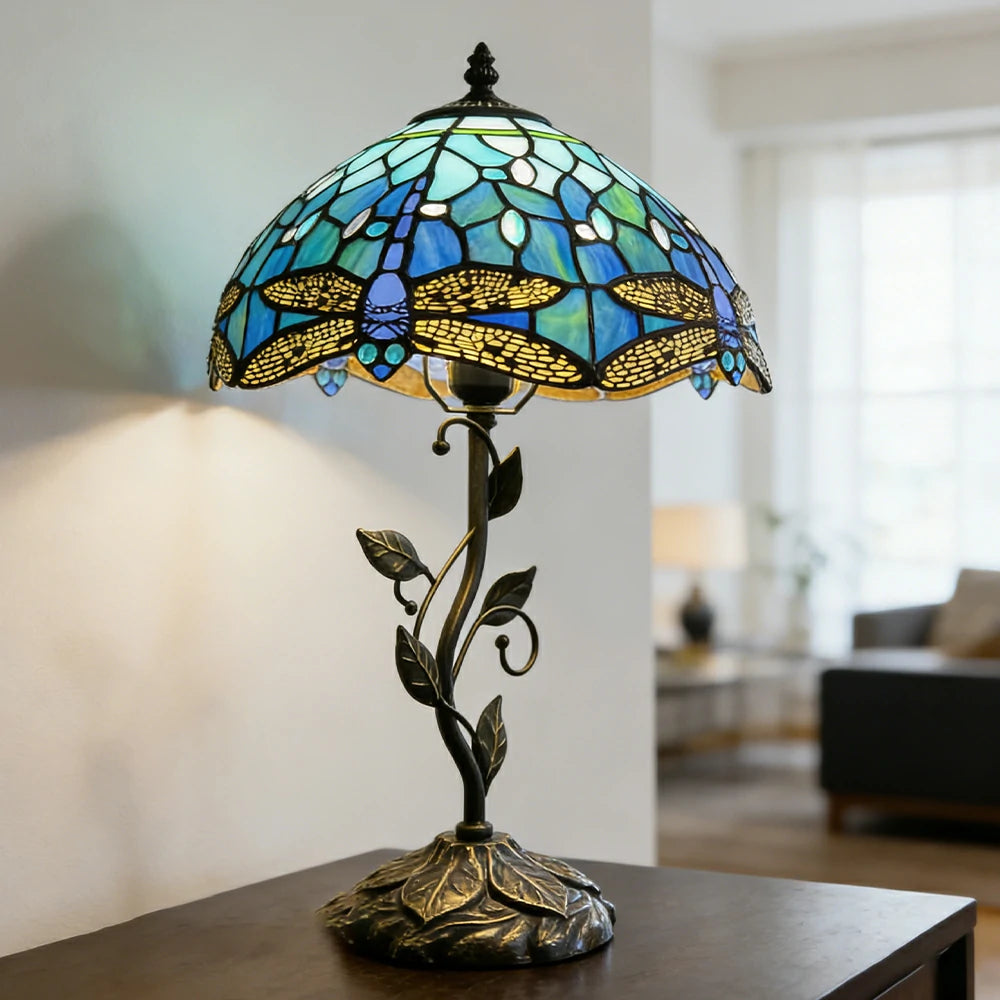 LIVARA Tiffany Stained Glass Table Lamp Pull Chain Switch 30x45cm for Bedroom Living Room Study - Royal Blue