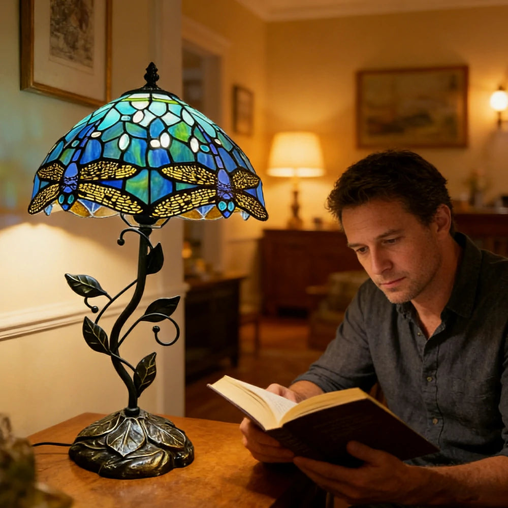 LIVARA Tiffany Stained Glass Table Lamp Pull Chain Switch 30x45cm for Bedroom Living Room Study - Royal Blue