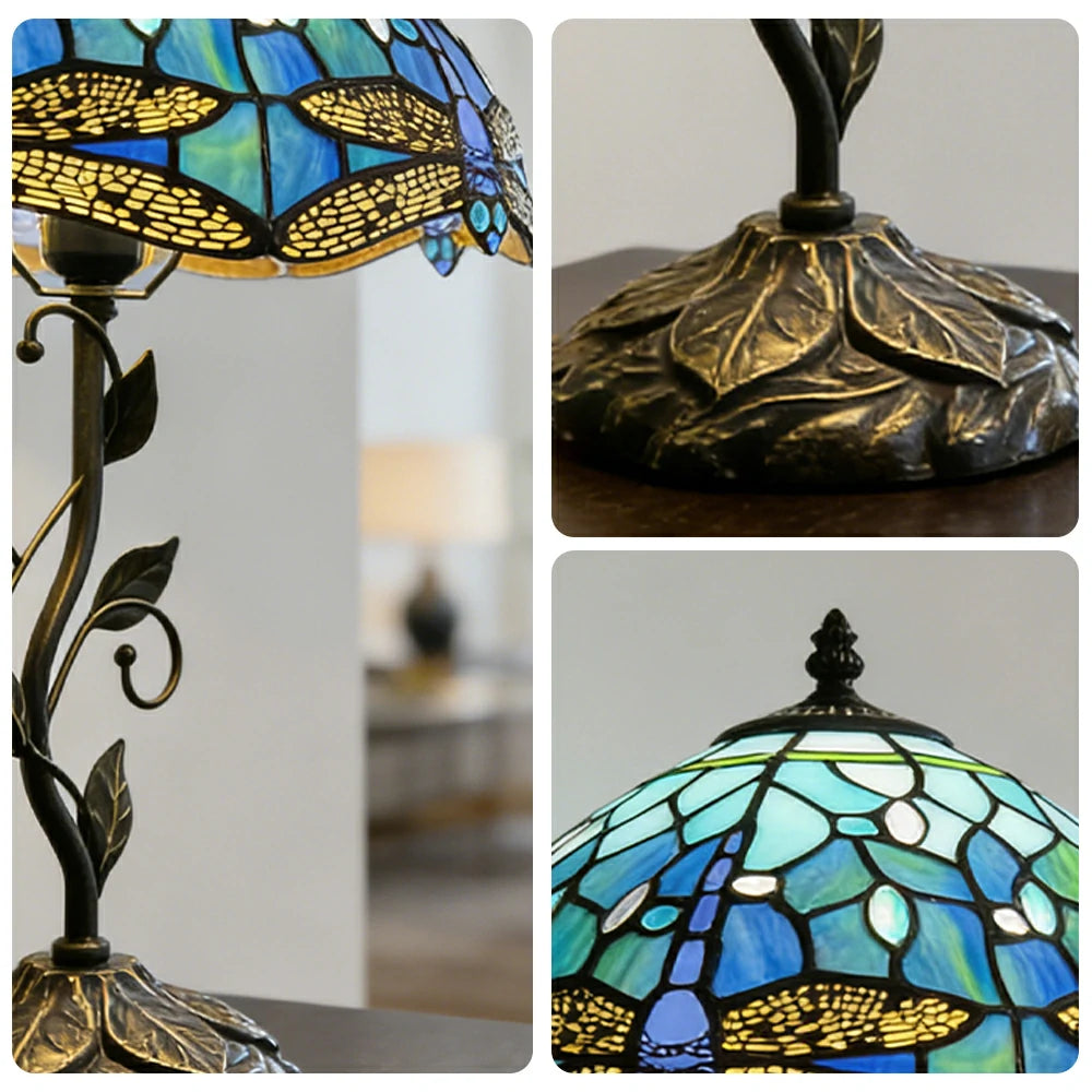 LIVARA Tiffany Stained Glass Table Lamp Pull Chain Switch 30x45cm for Bedroom Living Room Study - Royal Blue