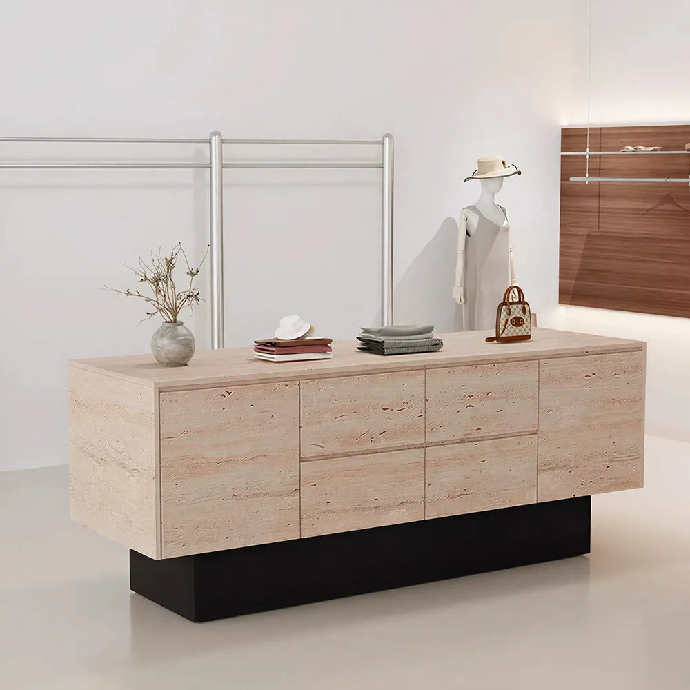LIVARA 120/180cm Retail Island Display Cabinet with Multi-Drawer Storage for Clothing Store - Faux Travertine & Black Base