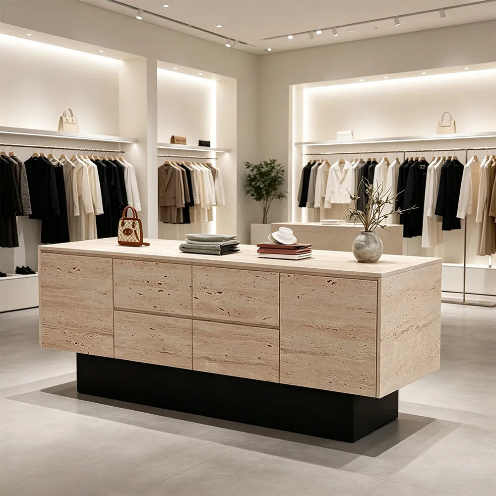 LIVARA 120/180cm Retail Island Display Cabinet with Multi-Drawer Storage for Clothing Store - Faux Travertine & Black Base