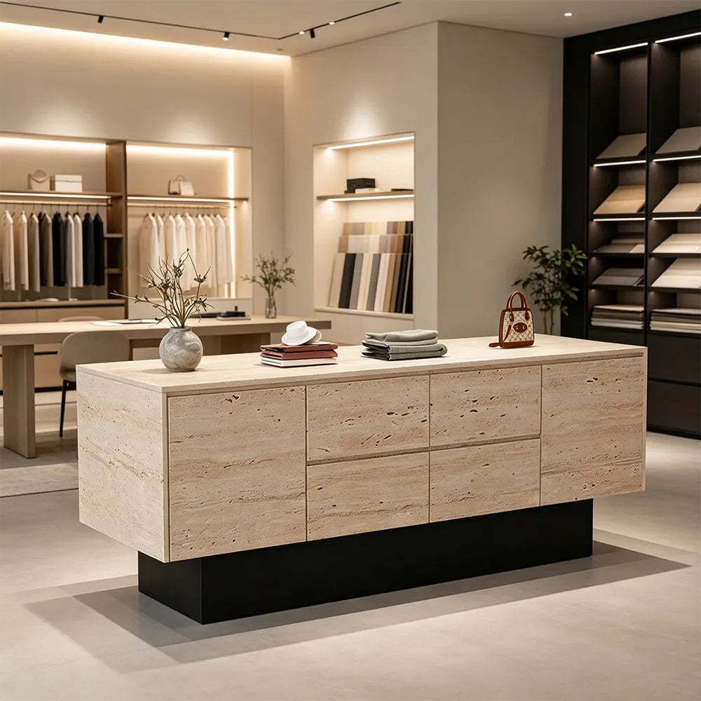 LIVARA 120/180cm Retail Island Display Cabinet with Multi-Drawer Storage for Clothing Store - Faux Travertine & Black Base