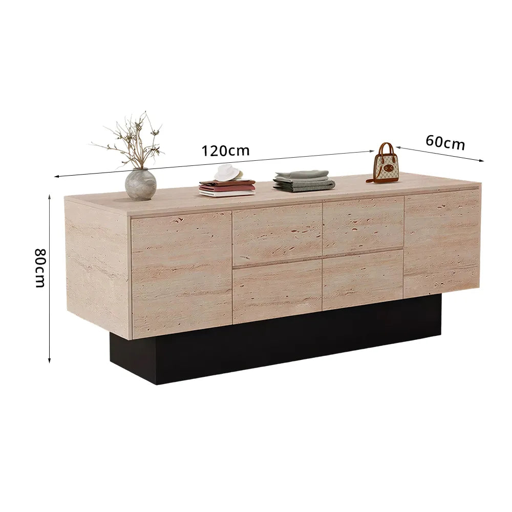 LIVARA 120/180cm Retail Island Display Cabinet with Multi-Drawer Storage for Clothing Store - Faux Travertine & Black Base