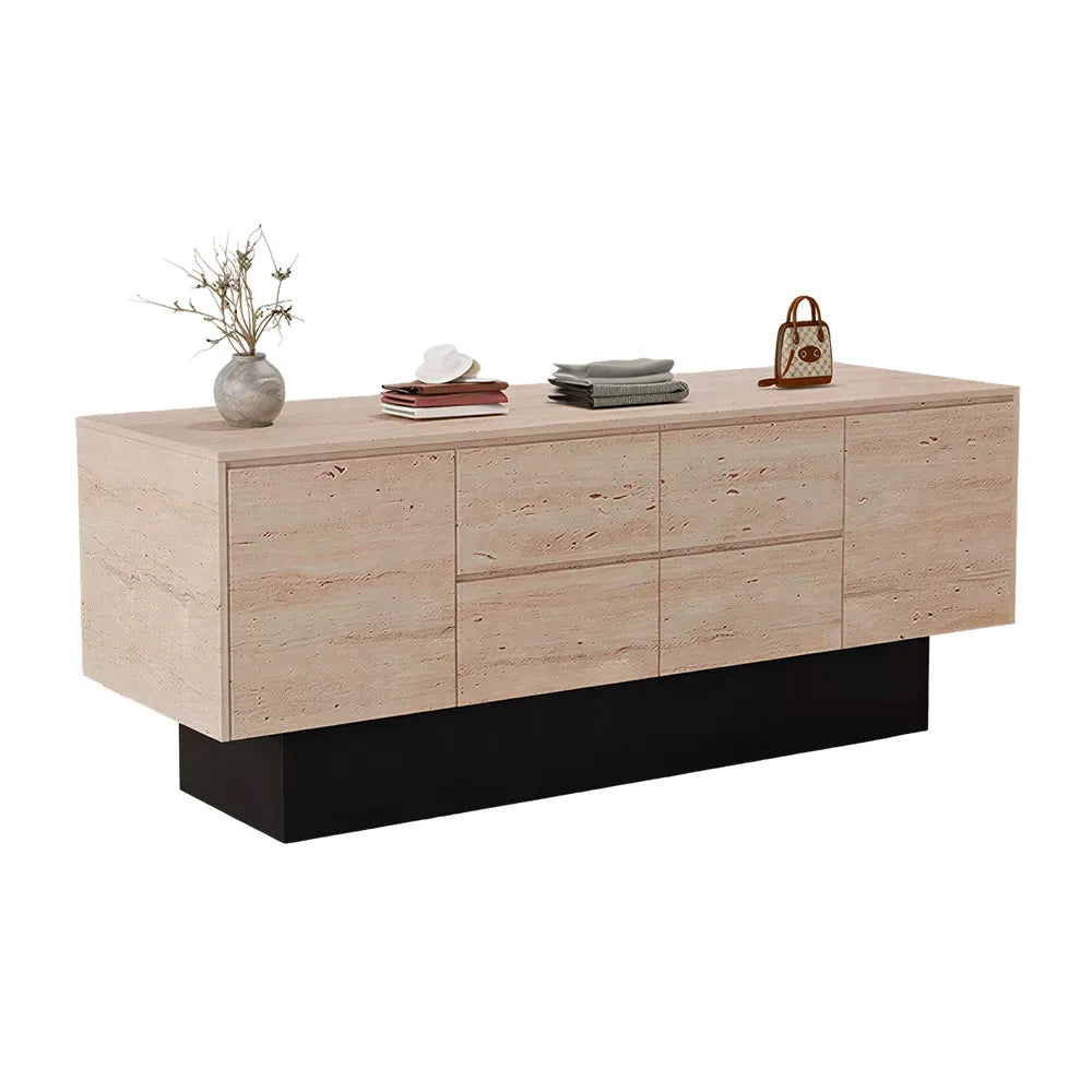 LIVARA 120/180cm Retail Island Display Cabinet with Multi-Drawer Storage for Clothing Store - Faux Travertine & Black Base