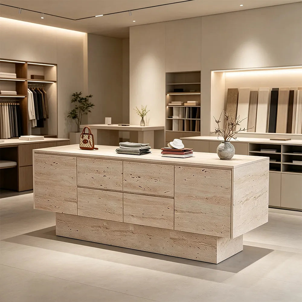 LIVARA 120/180cm Retail Island Display Cabinet with Multi-Drawer Storage for Clothing Store - All Faux Travertine
