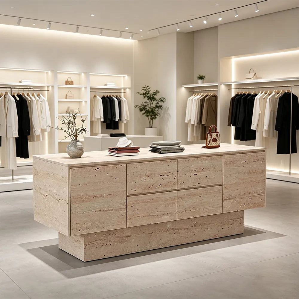 LIVARA 120/180cm Retail Island Display Cabinet with Multi-Drawer Storage for Clothing Store - All Faux Travertine