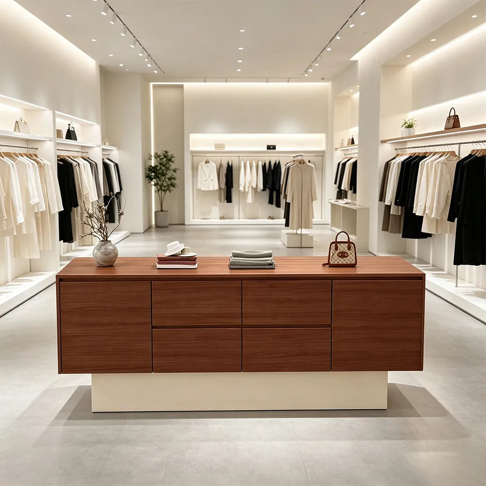 LIVARA 120/180cm Retail Island Display Cabinet with Multi-Drawer Storage for Clothing Store - Oak & Cream Base