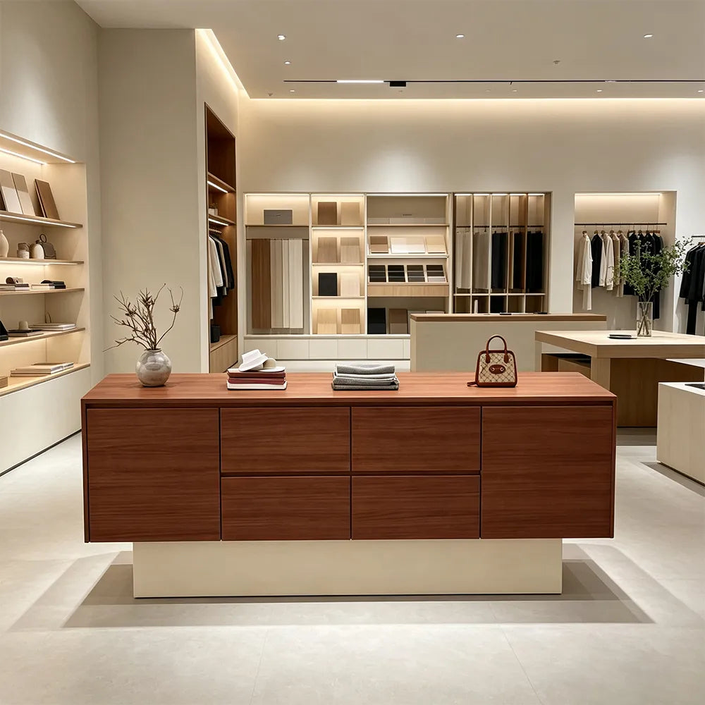 LIVARA 120/180cm Retail Island Display Cabinet with Multi-Drawer Storage for Clothing Store - Oak & Cream Base