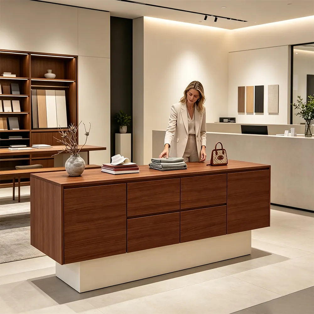 LIVARA 120/180cm Retail Island Display Cabinet with Multi-Drawer Storage for Clothing Store - Oak & Cream Base